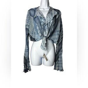 JIKI MONTE -CARLO Blue Ruched Cropped Tie Blouse- TOP SIZE 46 NWT
